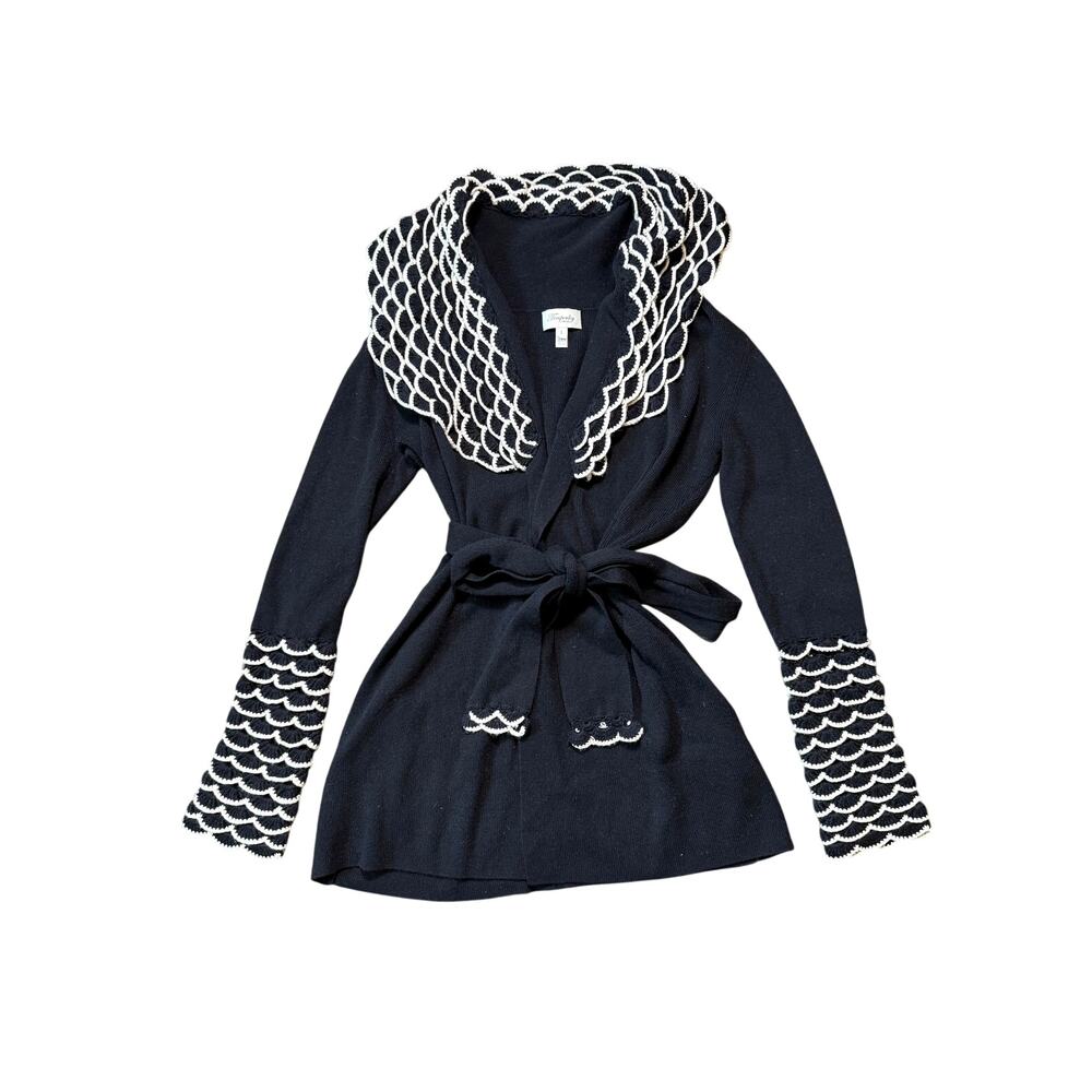 Temperley London Black Knit Wrap Cardigan with Scallop Crochet Trim